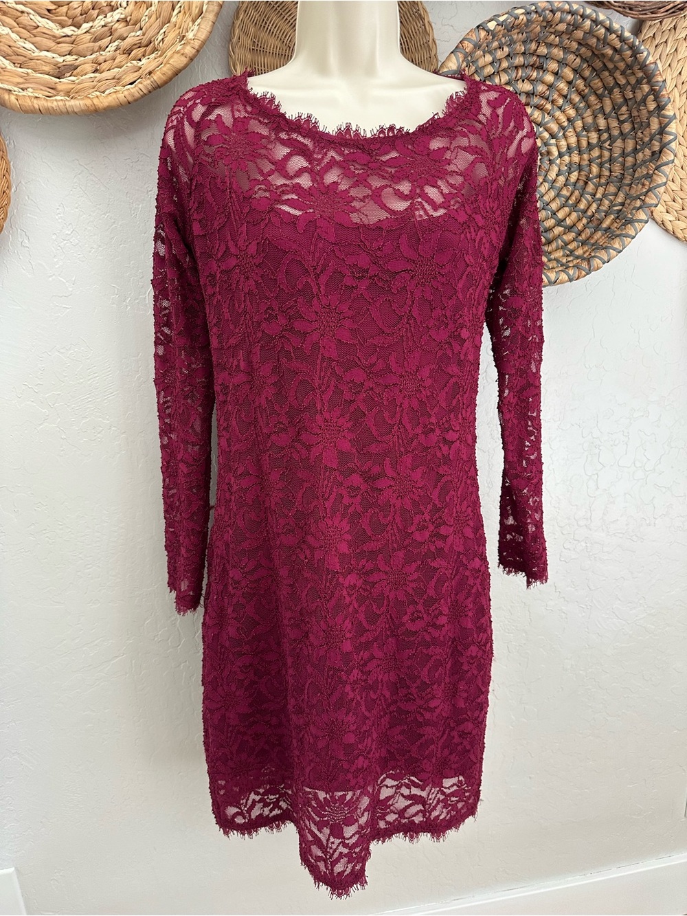 Jump Apparel Burgundy Floral Lace Long Sleeve Dress. Size XL